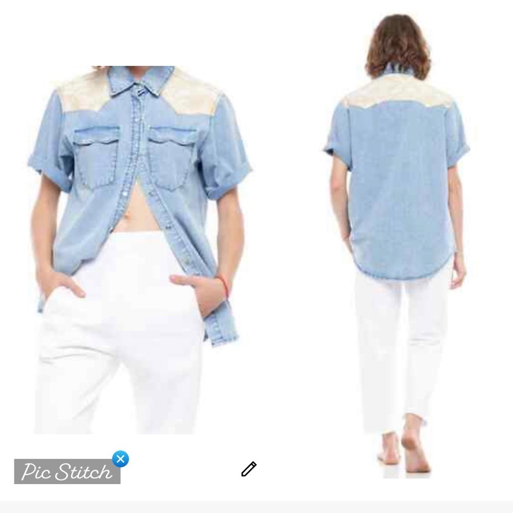 Sandrine Rose Leaf Print Chambray Western Shirt